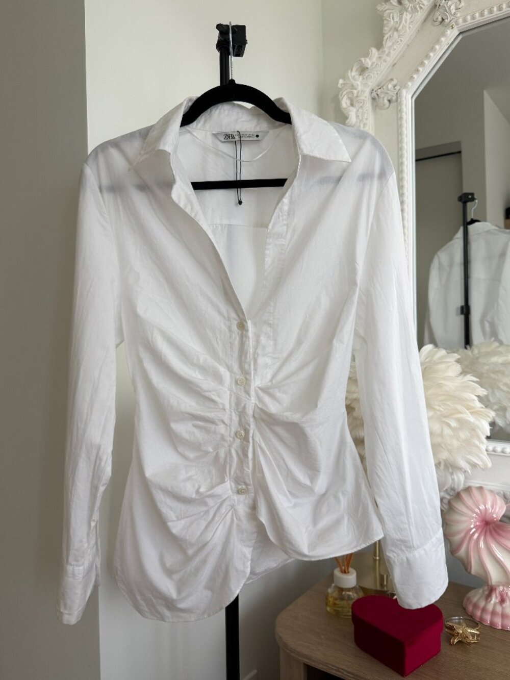 Zara White Cotton Poplin Ruched Fitted Button-Up Shirt